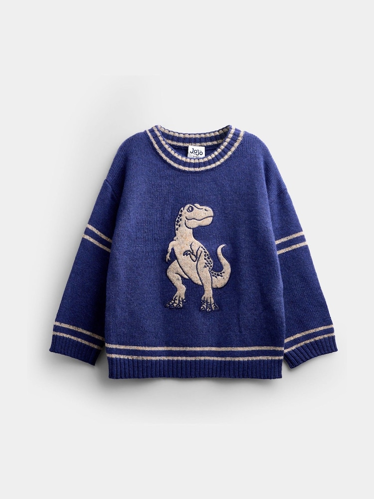 Jojo Maman Bébé Navy Blue Dino T-Rex Dinosaur Knitted Jumper - Image 1 of 4 Jojo Maman Bébé Navy Blue Dino T-Rex Dinosaur Knitted Jumper - Image 1 of 4