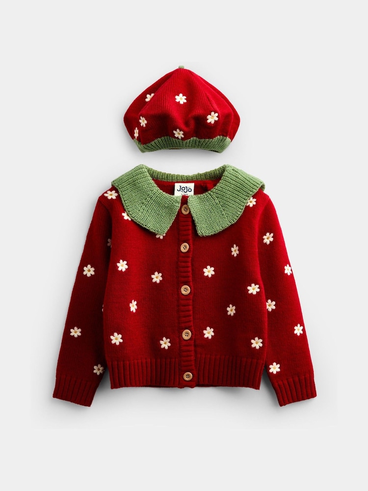 JoJo Maman Bébé Red Strawberry Cardigan & Beret Set - Image 2 of 8 JoJo Maman Bébé Red Strawberry Cardigan & Beret Set - Image 2 of 8