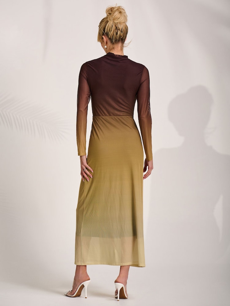 Jolie Moi Brown Petite Long Sleeve Mesh Maxi Dress - Image 2 of 6
