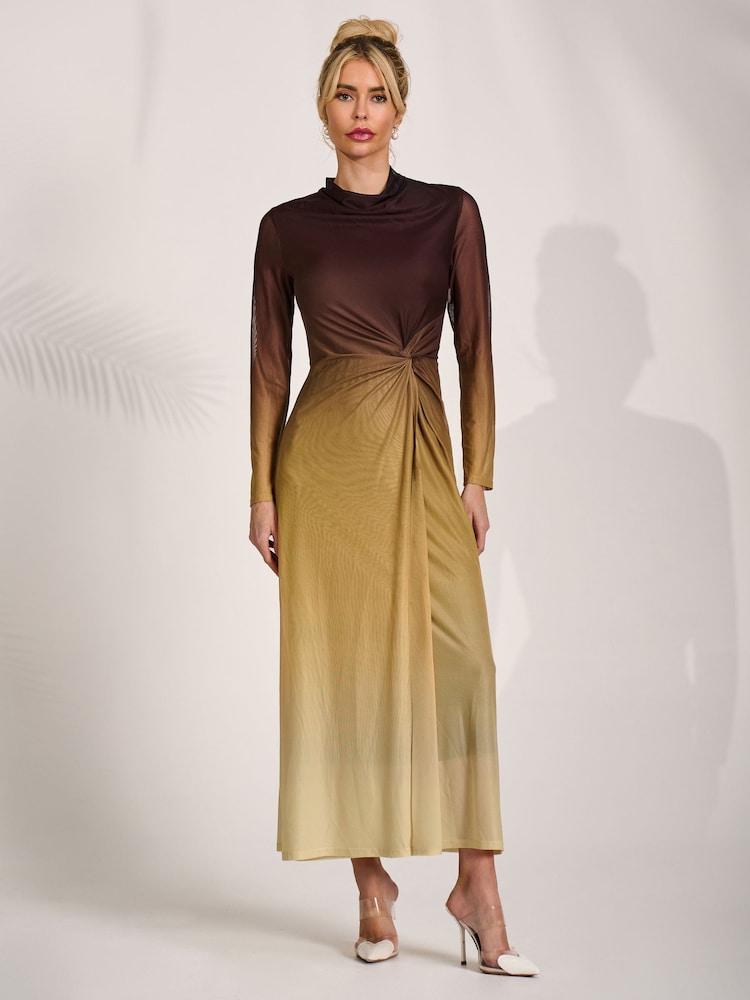 Jolie Moi Brown Petite Long Sleeve Mesh Maxi Dress - Image 6 of 6