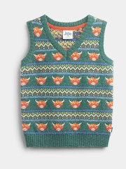 JoJo Maman Bébé Khaki Green Highland Cow Fairisle Knitted Jumper - Image 1 of 4