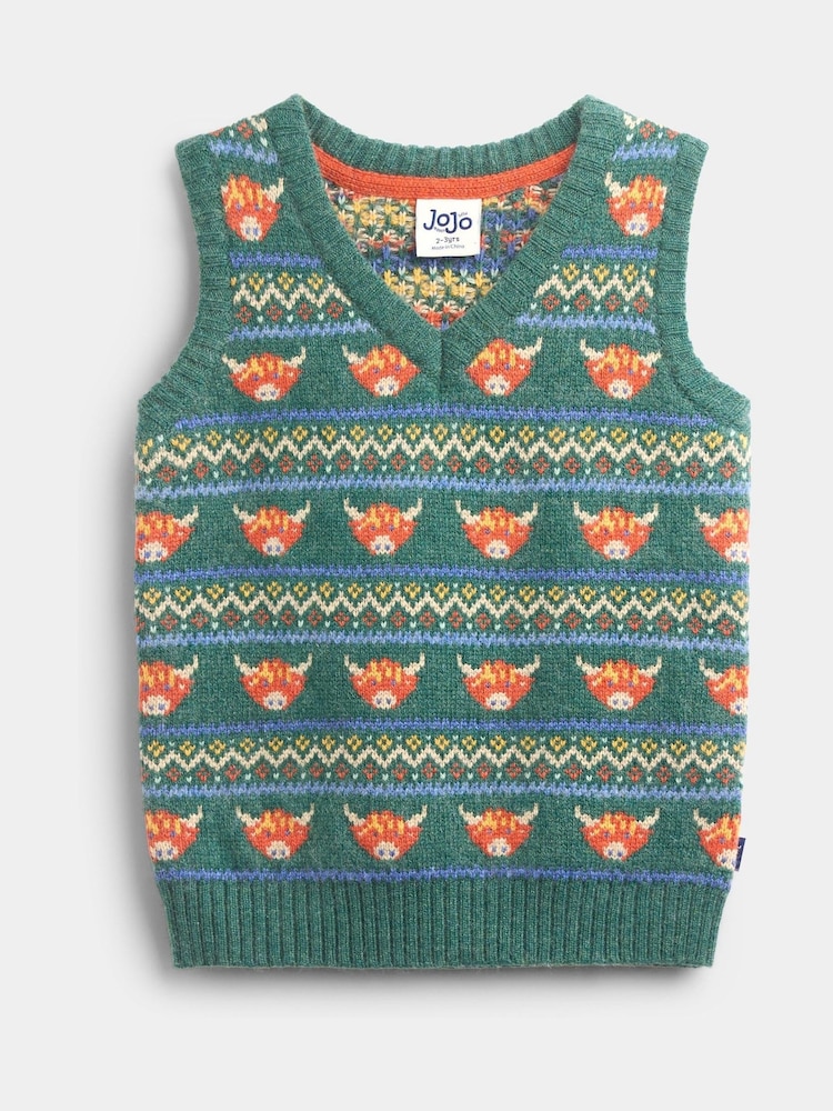 JoJo Maman Bébé Khaki Green Highland Cow Fairisle Knitted Jumper - Image 1 of 4 JoJo Maman Bébé Khaki Green Highland Cow Fairisle Knitted Jumper - Image 1 of 4