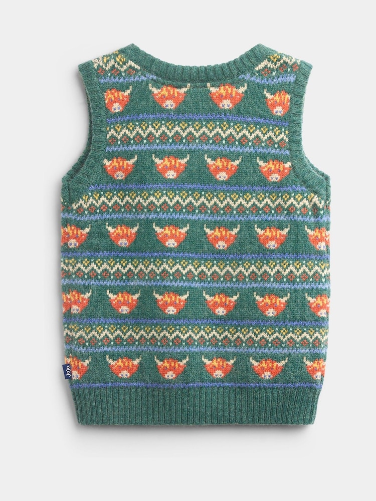 JoJo Maman Bébé Khaki Green Highland Cow Fairisle Knitted Jumper - Image 2 of 4 JoJo Maman Bébé Khaki Green Highland Cow Fairisle Knitted Jumper - Image 2 of 4