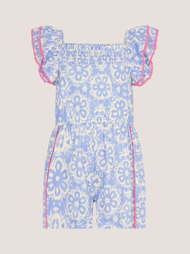 Monsoon Blue Batik Print Ruffle Playsuit - Image 1 of 3