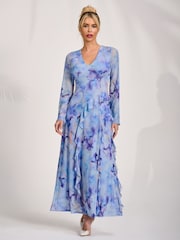 Jolie Moi Blue Long Sleeve Ruffle Mesh Maxi Dress - Image 1 of 6