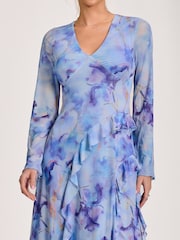 Jolie Moi Blue Long Sleeve Ruffle Mesh Maxi Dress - Image 3 of 6