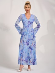 Jolie Moi Blue Long Sleeve Ruffle Mesh Maxi Dress - Image 4 of 6