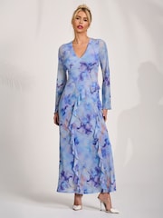 Jolie Moi Blue Long Sleeve Ruffle Mesh Maxi Dress - Image 5 of 6