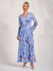 Jolie Moi Blue Long Sleeve Ruffle Mesh Maxi Dress - Image 6 of 6