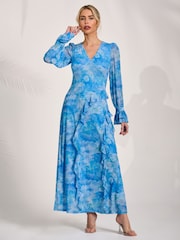 Jolie Moi Blue Long Sleeve Ruffle Mesh Maxi Dress - Image 1 of 6