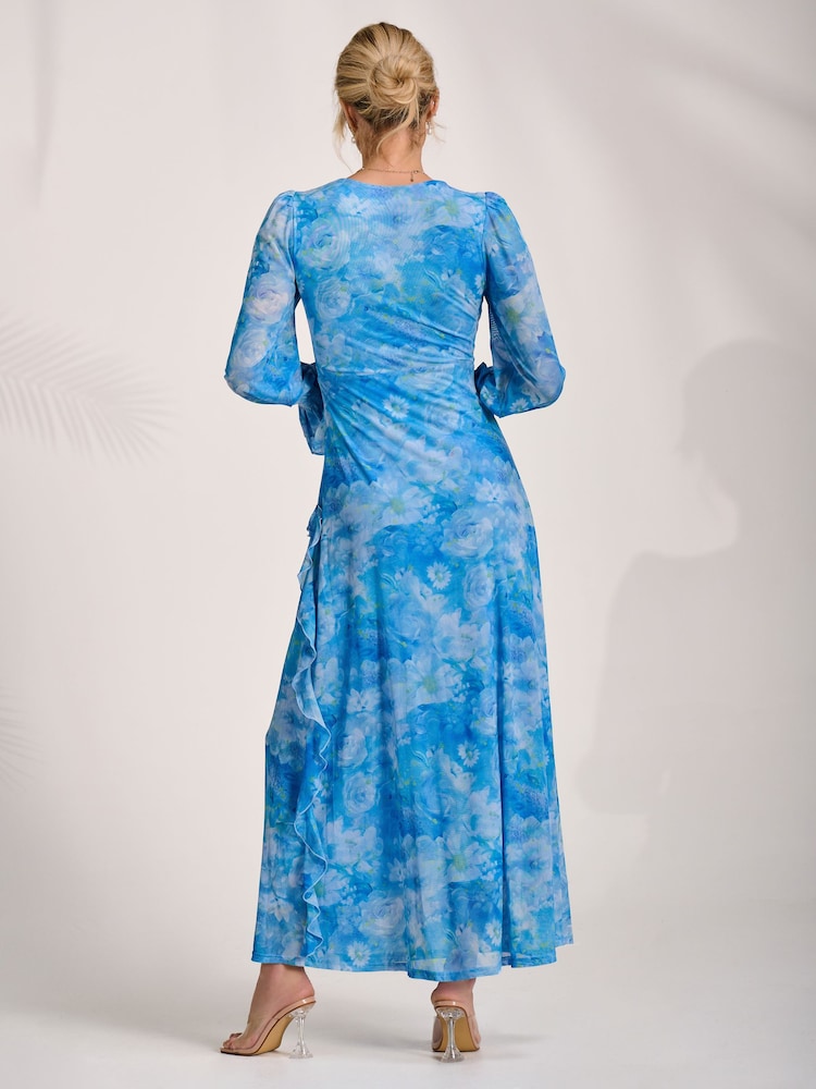 Jolie Moi Blue Long Sleeve Ruffle Mesh Maxi Dress - Image 2 of 6