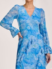 Jolie Moi Blue Long Sleeve Ruffle Mesh Maxi Dress - Image 3 of 6