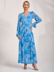 Jolie Moi Blue Long Sleeve Ruffle Mesh Maxi Dress - Image 4 of 6