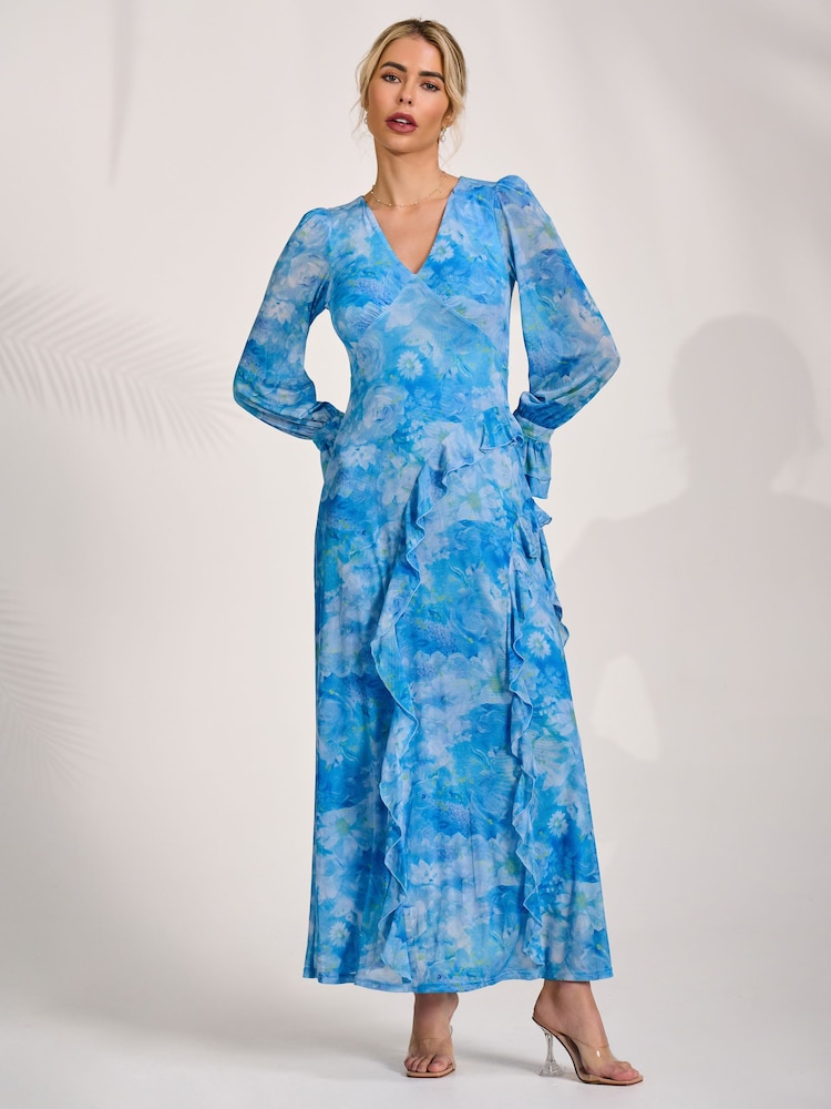Jolie Moi Blue Long Sleeve Ruffle Mesh Maxi Dress - Image 6 of 6
