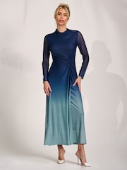 Jolie Moi Blue Petite Long Sleeve Mesh Maxi Dress - Image 1 of 6