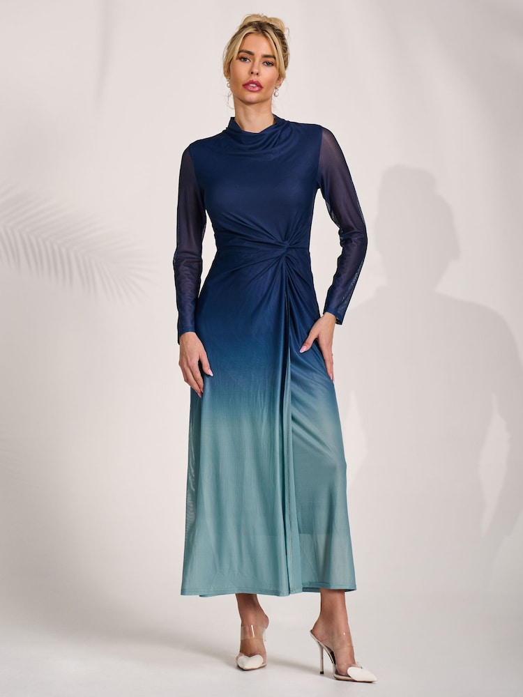 Jolie Moi Blue Petite Long Sleeve Mesh Maxi Dress - Image 1 of 6