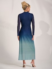 Jolie Moi Blue Petite Long Sleeve Mesh Maxi Dress - Image 2 of 6