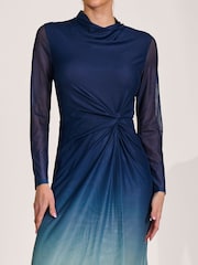 Jolie Moi Blue Petite Long Sleeve Mesh Maxi Dress - Image 3 of 6