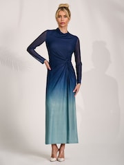 Jolie Moi Blue Petite Long Sleeve Mesh Maxi Dress - Image 4 of 6