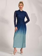 Jolie Moi Blue Petite Long Sleeve Mesh Maxi Dress - Image 5 of 6