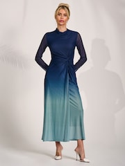 Jolie Moi Blue Petite Long Sleeve Mesh Maxi Dress - Image 6 of 6