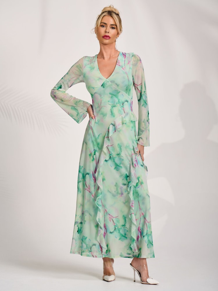 Jolie Moi Green Long Sleeve Ruffle Mesh Maxi Dress - Image 1 of 6 Jolie Moi Green Long Sleeve Ruffle Mesh Maxi Dress - Image 1 of 6
