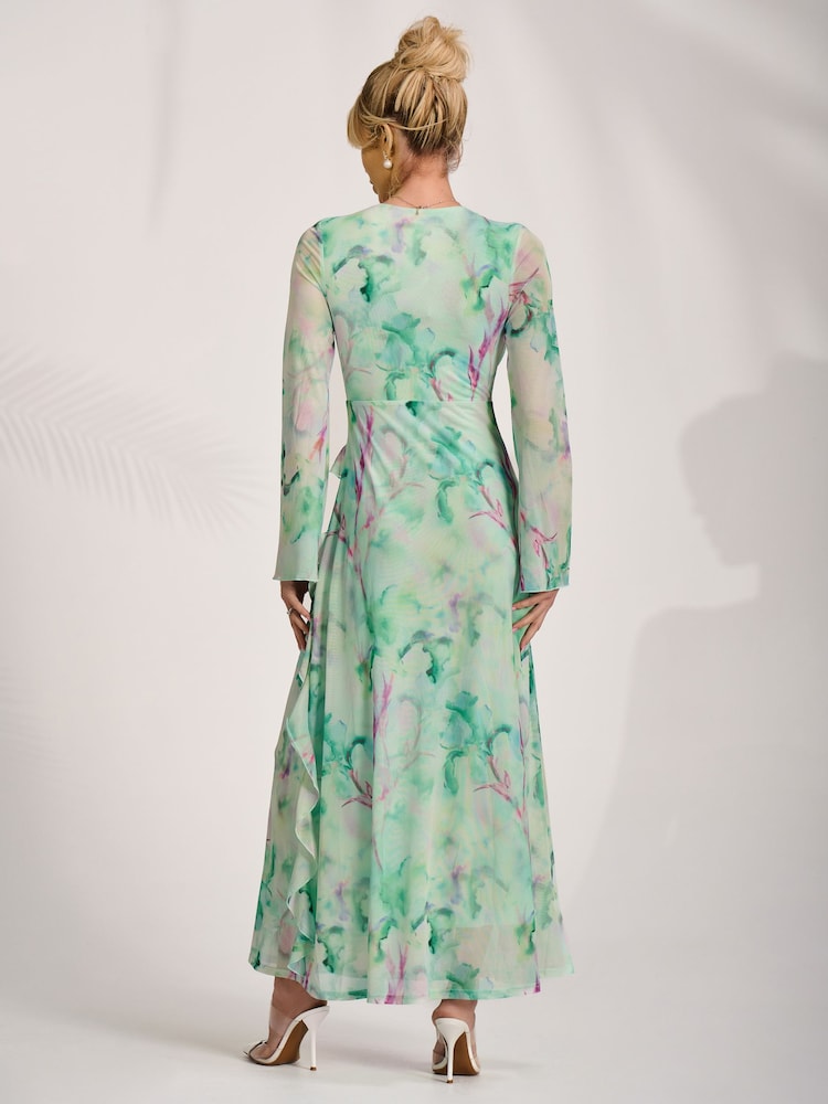Jolie Moi Green Long Sleeve Ruffle Mesh Maxi Dress - Image 2 of 6 Jolie Moi Green Long Sleeve Ruffle Mesh Maxi Dress - Image 2 of 6