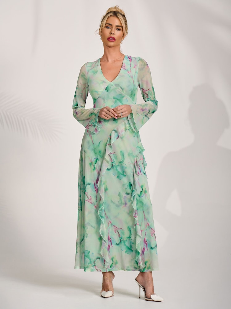 Jolie Moi Green Long Sleeve Ruffle Mesh Maxi Dress - Image 6 of 6 Jolie Moi Green Long Sleeve Ruffle Mesh Maxi Dress - Image 6 of 6