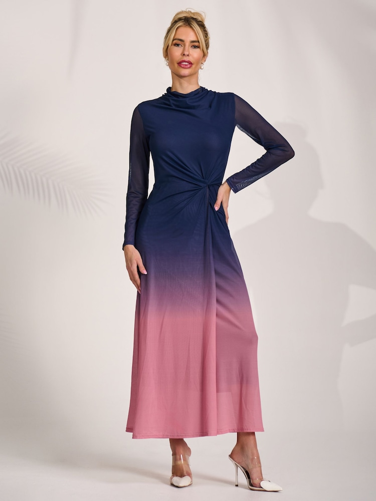 Jolie Moi Pink Petite Long Sleeve Mesh Maxi Dress - Image 1 of 6