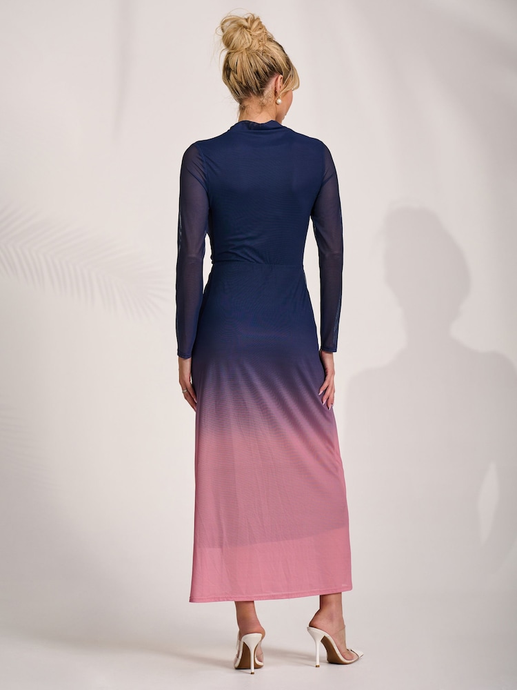 Jolie Moi Pink Petite Long Sleeve Mesh Maxi Dress - Image 2 of 6