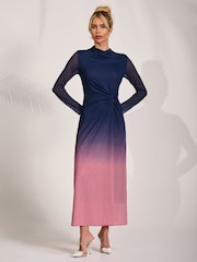 Jolie Moi Pink Petite Long Sleeve Mesh Maxi Dress - Image 4 of 6