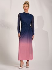 Jolie Moi Pink Petite Long Sleeve Mesh Maxi Dress - Image 5 of 6