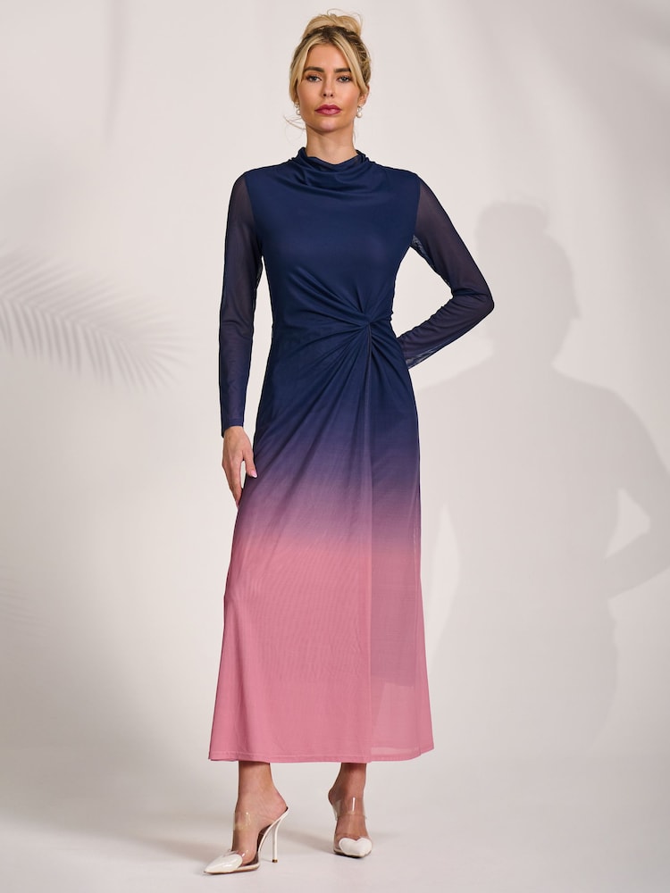 Jolie Moi Pink Petite Long Sleeve Mesh Maxi Dress - Image 6 of 6