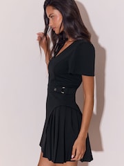 Lipsy Black V-Neck Half Pleated Belted Short Sleeve Mini Dress - Image 1 of 6