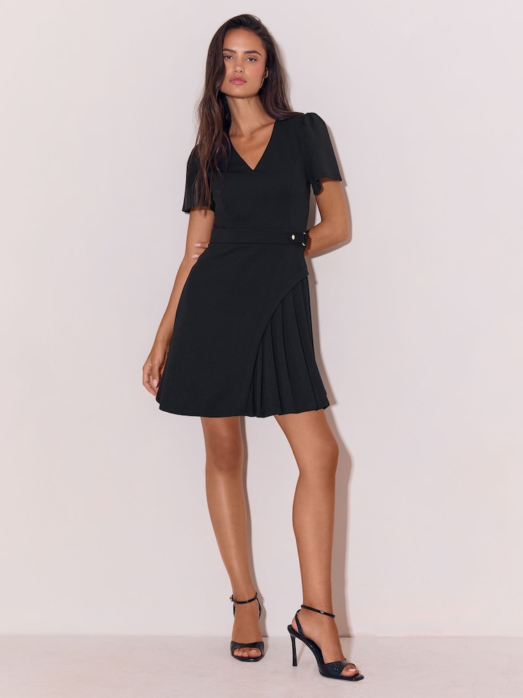 Lipsy Black V-Neck Half Pleated Belted Short Sleeve Mini Dress - Image 2 of 6 Lipsy Black V-Neck Half Pleated Belted Short Sleeve Mini Dress - Image 2 of 6