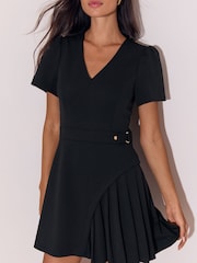 Lipsy Black V-Neck Half Pleated Belted Short Sleeve Mini Dress - Image 3 of 6