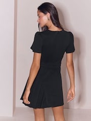 Lipsy Black V-Neck Half Pleated Belted Short Sleeve Mini Dress - Image 6 of 6