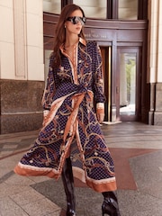 Lipsy Navy Chain Print Satin Shirt Collared Long Sleeve Midi Dress - Image 1 of 6