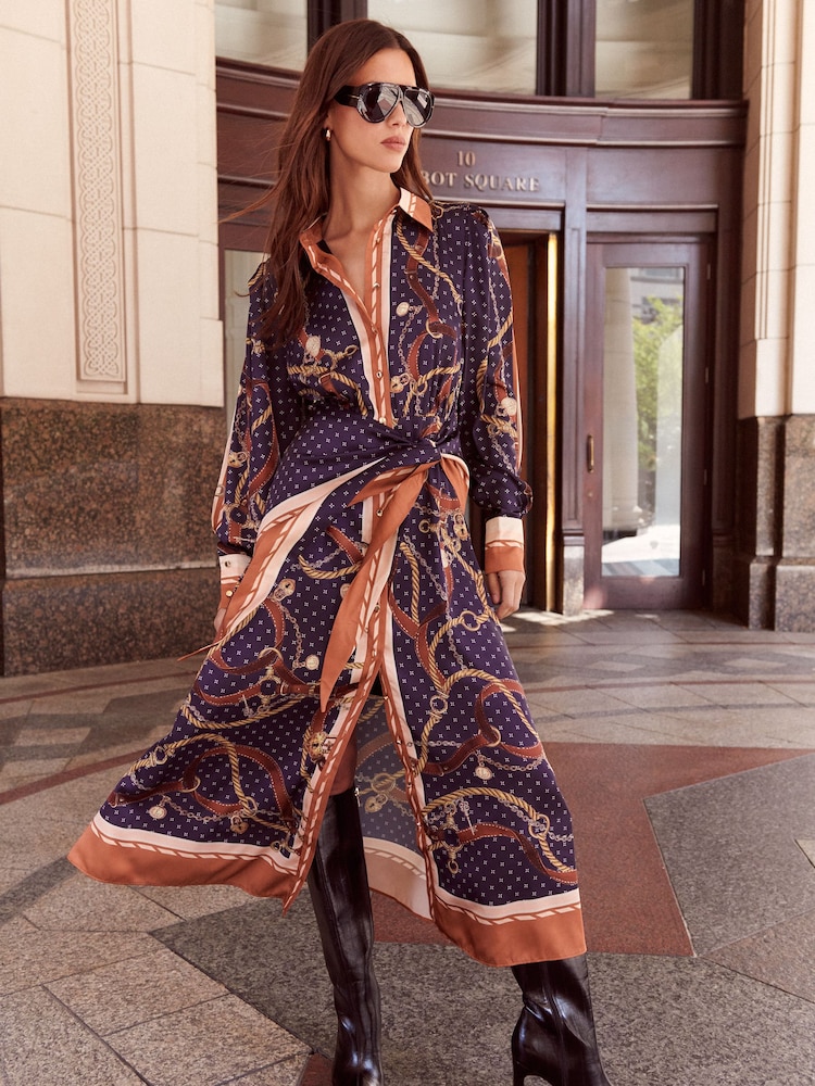 Lipsy Navy Chain Print Satin Shirt Collared Long Sleeve Midi Dress - Image 1 of 6