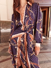 Lipsy Navy Chain Print Satin Shirt Collared Long Sleeve Midi Dress - Image 2 of 6