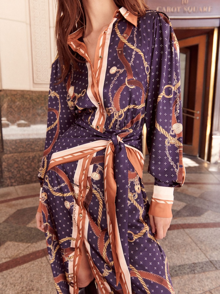 Lipsy Navy Chain Print Satin Shirt Collared Long Sleeve Midi Dress - Image 2 of 6