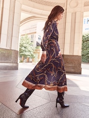 Lipsy Navy Chain Print Satin Shirt Collared Long Sleeve Midi Dress - Image 3 of 6