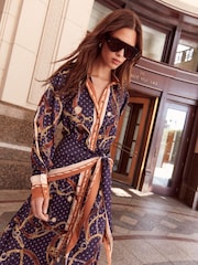 Lipsy Navy Chain Print Satin Shirt Collared Long Sleeve Midi Dress - Image 4 of 6
