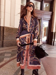Lipsy Navy Chain Print Satin Shirt Collared Long Sleeve Midi Dress - Image 6 of 6