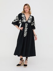 Raffya Black Arianna V-Neck Embroidered Maxi Dress - Image 1 of 4