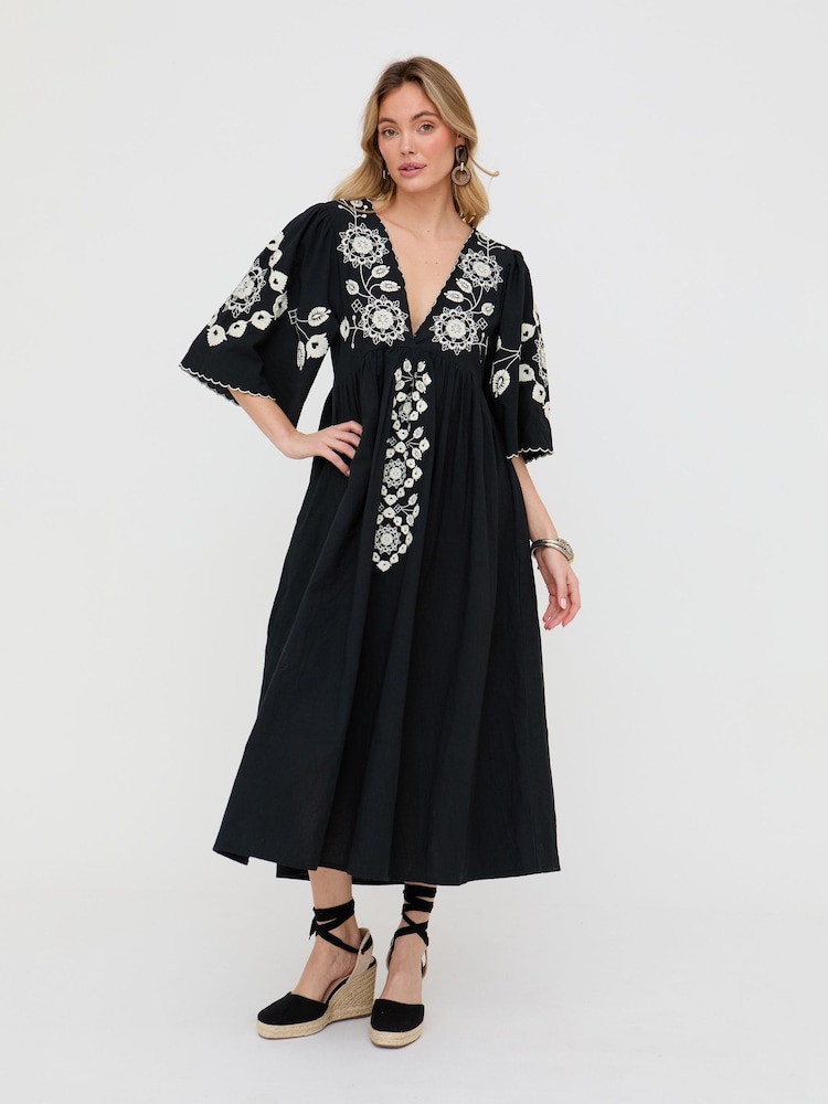 Raffya Black Arianna V-Neck Embroidered Maxi Dress - Image 1 of 4