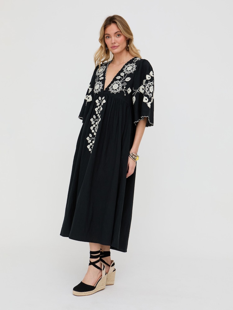 Raffya Black Arianna V-Neck Embroidered Maxi Dress - Image 4 of 4