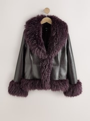 Burgundy Red Faux Fur Trim Penny Lane Faux Leather Jacket - Image 4 of 6