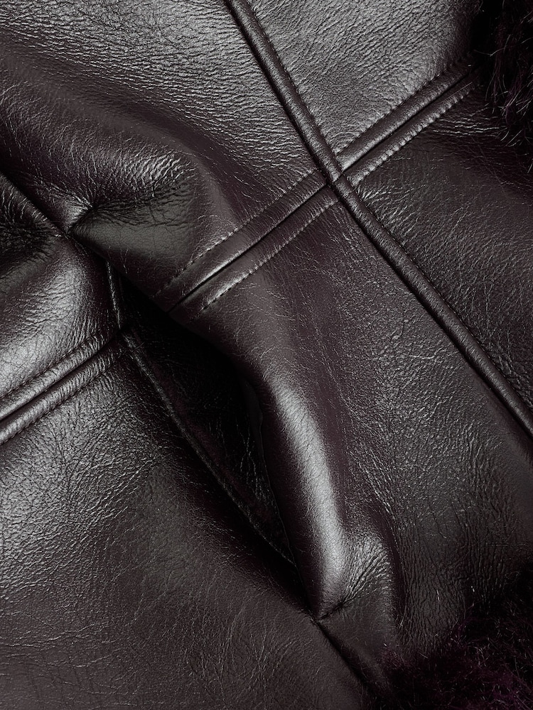 Burgundy Red Faux Fur Trim Penny Lane Faux Leather Jacket - Image 6 of 6 Burgundy Red Faux Fur Trim Penny Lane Faux Leather Jacket - Image 6 of 6