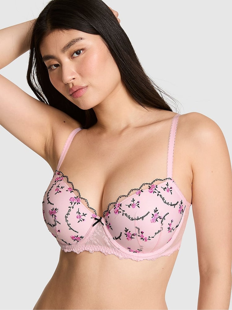 Victoria's Secret Pink Pink Tulip Lightly Lined Cute But Dangerous Embroidery Bra - Image 1 of 2 Victoria's Secret Pink Pink Tulip Lightly Lined Cute But Dangerous Embroidery Bra - Image 1 of 2